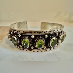 Silver and Green Peridot Gemstone Cuff Bracelet 925